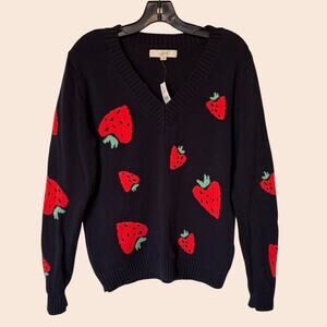 Loft NWT Strawberries Cotton V-Neck Pullover Sweater Cottagecore Preppy size L